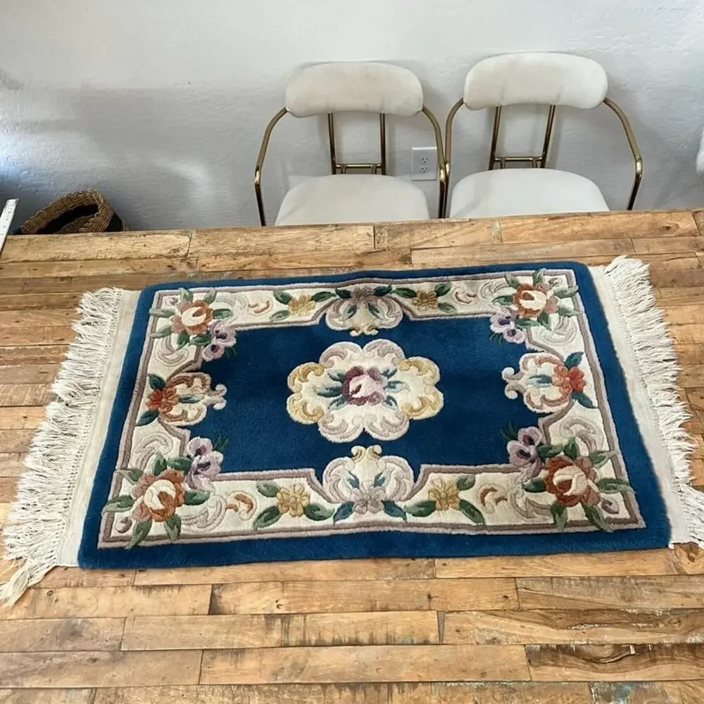 Blue Chinese Hand Knotted Aubusson Wool Rug 39